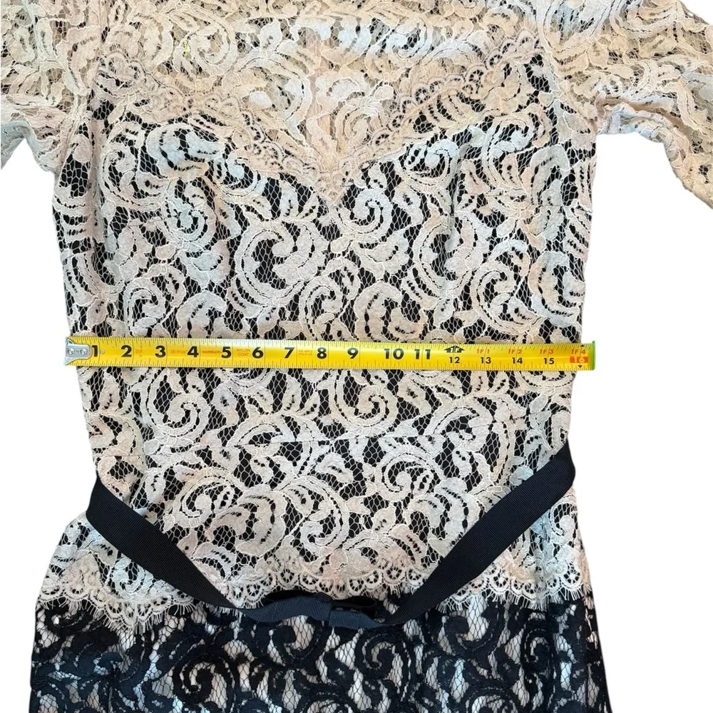 Tadashi Shoji Navy White Boatneck 3/4 Sleeve Lace Belted Black tie Gown 14 - Picture 9 of 13